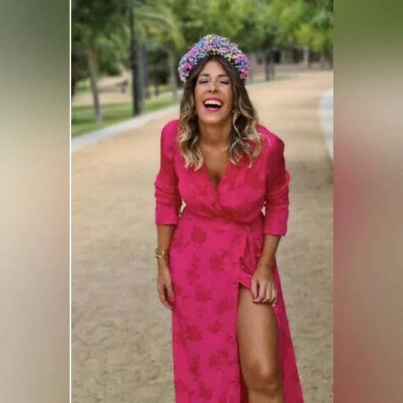 Zara Jacquard Maxi Midi Wrap Dress Size XS Pink Floral Belted Kimono Silky Robe - Picture 8 of 8